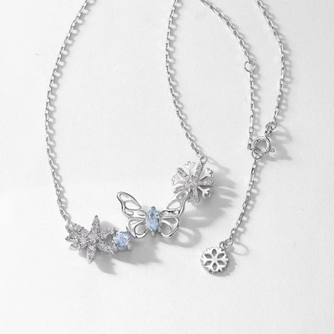 S925 Sterlingsilber Schmetterling Schneeflocke Anhänger Halskette Mit Himmelblauem Topas Elegante Mode Damen Schmuck Geschenk