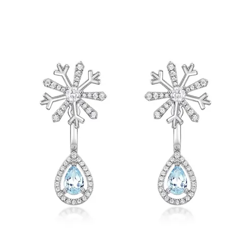 Women's 925 Sterling Silver Snowflake Drop Earrings Sky Blue Topaz Water Drop Pendant Rhinestone Dangle Earrings For Winter Jewelry Gift