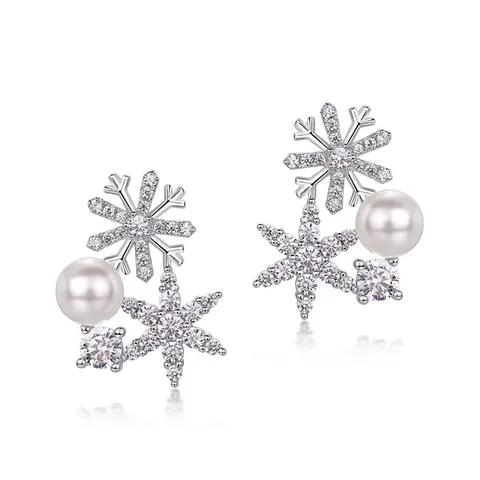 Pendientes de Botón de Plata de Ley 925 con Perlas y Circonitas en Forma de Copo de Nieve para Mujer Elegantes Joyas de Boda Bañadas en Oro Blanco Plata