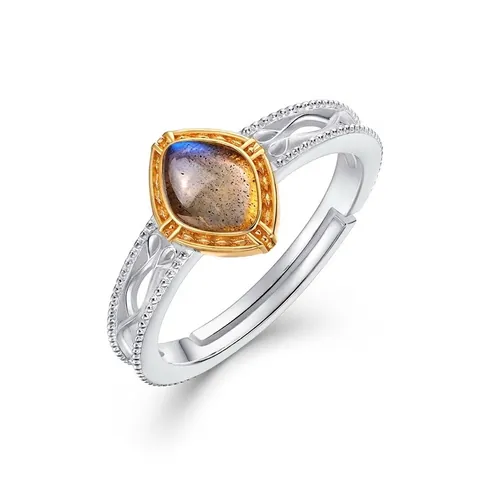 Anillo Vintage de Plata de Ley 925 con Labradorita para Mujer Anillo de Dedo Abierto Ajustable con Patrón Hueco Joyería de Moda