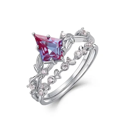 925 Sterling Silver Alexandrite Ring Set For Women Kite Cut Lab Created Gemstone Vine Leaf Stackable Wedding Jewelry