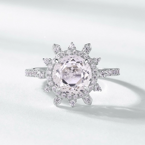 S925 Sterling Silver Snowflake Ring For Women Inlaid Round Cut White Crystal Flower Halo Romantic Christmas Jewelry Finger Ring