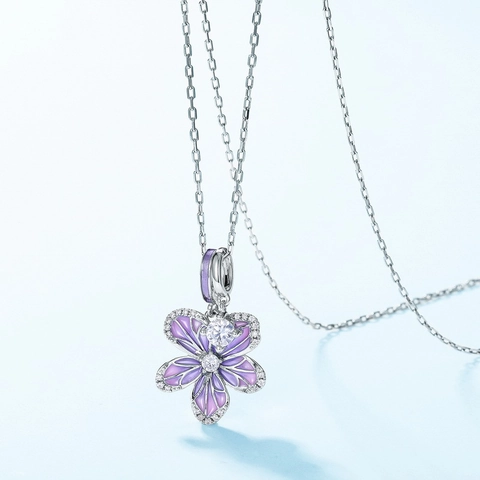 925 Sterling Silver Purple Orchid Enamel Pendant Necklace With Rhinestone Aesthetic Fresh Jewelry For Women Party Gift