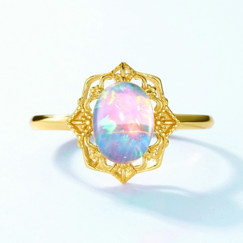 925 Sterlingsilber Vintage Opal Ring Für Damen Luxuriöser Palast-Stil Hohl Geometrisches Design Verstellbarer Offener Ring