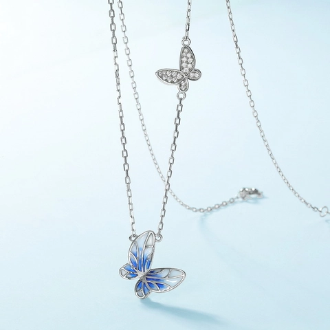 S925 Sterling Silver Blue Plique-a-jour Enamel Butterfly Pendant Necklace For Women Fashion Rhinestone Inlaid Jewelry