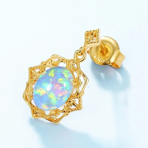 Orecchini a Bottone in Argento Sterling 925 con Opale Sintetico Vintage per Donna Retrò Cavo Geometrico Placcato Oro Gioielli