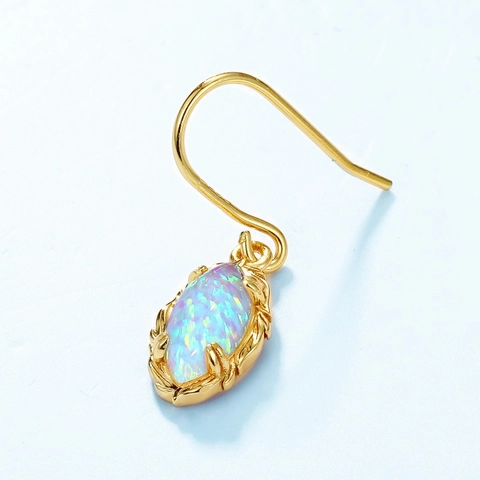 Vintage 925 Sterling Silver Synthetic Opal Dangle Earrings For Women Japanese Style Gold Plated Elegant Leaf Texture Jewelry