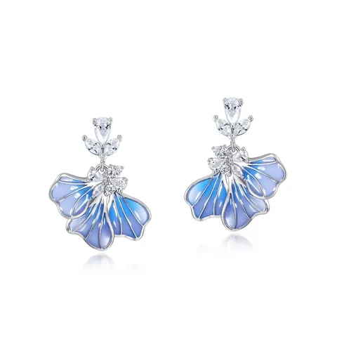 925 Sterling Zilver Iris Bloem Oorknopjes Blauw Gradiënt Emaille Zirconia Ingelegde Elegant Plique-a-jour Sieraden Dames