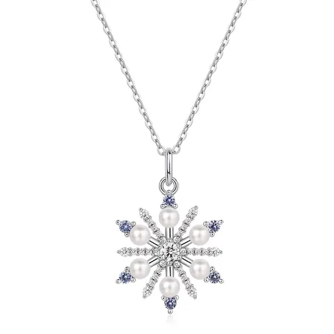 Collana con Ciondolo a Fiocco di Neve in Argento Sterling 925 Con Perla Artificiale Zirconia Elegante Dolce Catena per Donna