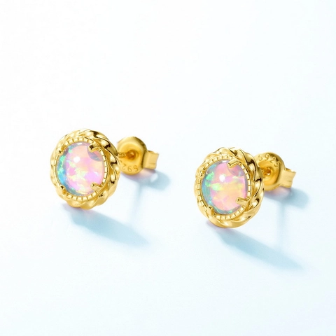 Orecchini a Bottone in Argento Sterling 925 Opale Vintage Geometrici Placcati Oro Tondi Opale Artificiale per Donna Gioielli Regalo