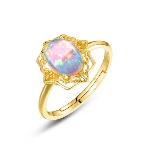 925 Sterlingsilber Vintage Opal Ring Für Damen Luxuriöser Palast-Stil Hohl Geometrisches Design Verstellbarer Offener Ring