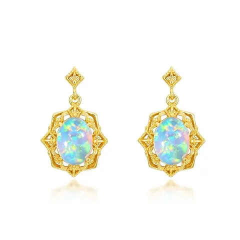Orecchini a Bottone in Argento Sterling 925 con Opale Sintetico Vintage per Donna Retrò Cavo Geometrico Placcato Oro Gioielli