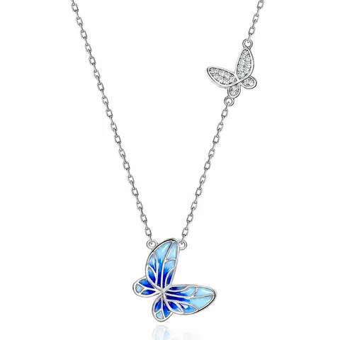 S925 Sterling Silver Blue Plique-a-jour Enamel Butterfly Pendant Necklace For Women Fashion Rhinestone Inlaid Jewelry