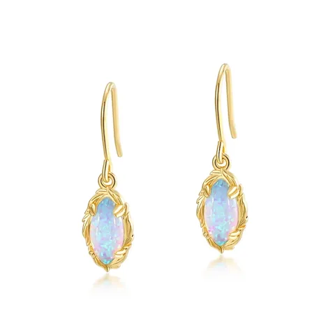 Vintage 925 Sterling Silver Synthetic Opal Dangle Earrings For Women Japanese Style Gold Plated Elegant Leaf Texture Jewelry