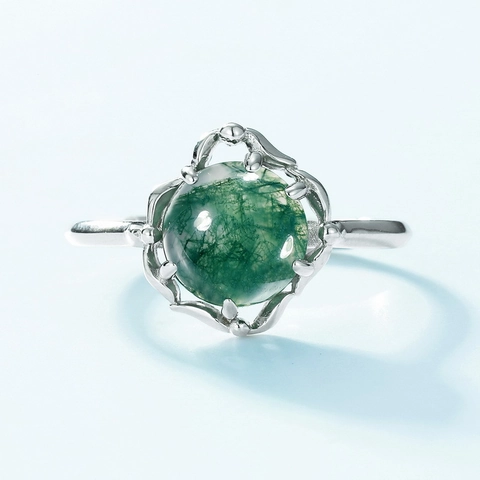 Women S925 Sterling Silver Moss Agate Adjustable Open Ring Round Green Natural Stone Inlaid Minimalist Botanical Jewelry Gift