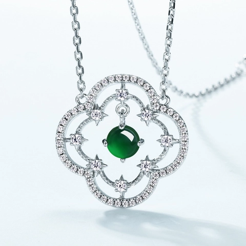 New Chinese Style 925 Sterling Silver Necklace Natural Green Jadeite Hollow Window Grille Pendant Elegant Women Jewelry