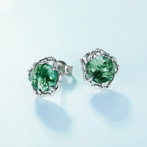 925 Sterlingsilber Moosachat Ohrstecker Für Damen Naturgrüner Stein Geometrische Unregelmäßige Ohrringe Nischenschmuck