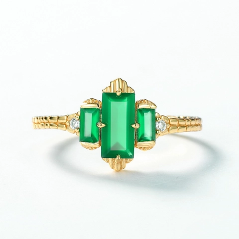 Anello Regolabile in Argento Sterling 925 Agata Verde Placcato Oro 10K Vintage Geometrico Pietra Preziosa Donna