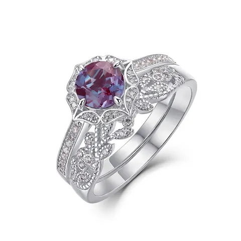 925 Sterling Silver Ring Set Synthetic Alexandrite Flower Bridal Two-Piece Ring For Women Luxurious Rhinestone Jewelry