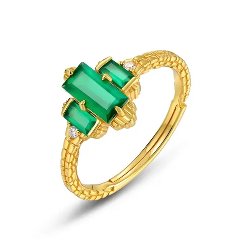 Anello Regolabile in Argento Sterling 925 Agata Verde Placcato Oro 10K Vintage Geometrico Pietra Preziosa Donna