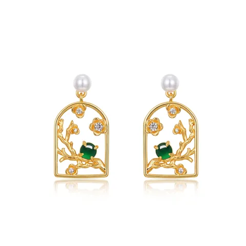 Orecchini Vintage in Giada con Fiori di Prugno Perno in Argento Sterling 925 Placcato Oro Perla Artificiale Strass Donna