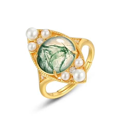Anello in Argento Sterling 925 con Agata Muschiata Vintage Perla Artificiale Strass Anello Aperto Regolabile Gioielli Donna Regalo