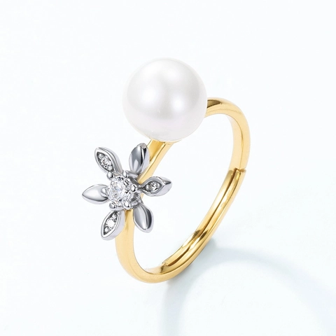 Anello Orchidea in Argento Sterling S925 per Donna Placcato Oro 10K Perla d'Acqua Dolce Strass Anello Aperto Regolabile Gioielleria