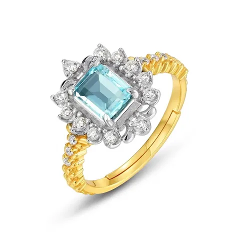 925 Sterlingsilber Himmelblau Topas Verstellbarer Ring Luxus Geometrisches Design Zweifarbig Vergoldet Strass Cocktailring Damen