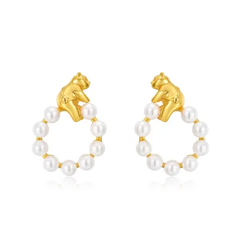 925 Sterling Silver Cute Bear Freshwater Pearl Stud Earrings 10K Gold Plated Animal Hoop Drop Earrings For Women Jewelry Gift