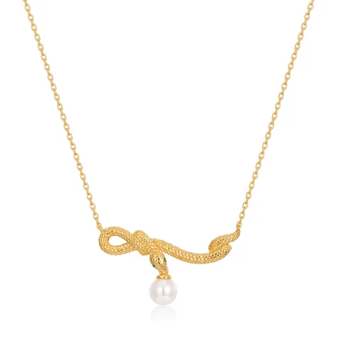 925 Sterling Silver Snake Pendant Necklace With Freshwater Pearl Green Rhinestone Eyes Fashion Gold Plated Women Jewelry