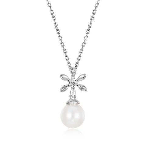 925 Sterling Silver Magnolia Flower Pendant Necklace With Natural Freshwater Pearl Rhinestone Elegant Jewelry For Women