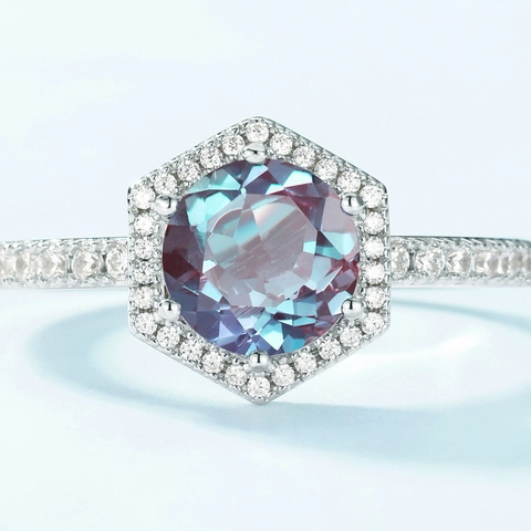S925 Sterling Silver Geometric Alexandrite Ring For Women Hexagon Halo Color Changing Stone Rhinestone Finger Jewelry Gift