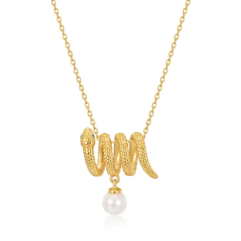 Pendente Serpente Argento Sterling 925 Placcato Oro Con Perla Bianca D'Acqua Dolce E Occhi Di Pietre Verdi Gioielli