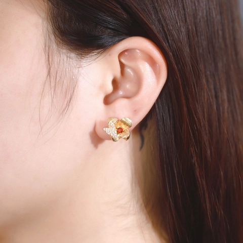 925 Sterling Silver Garnet Flower Butterfly Stud Earrings For Women 10K Gold Plated Rhinestone Elegant Floral Jewelry Gift