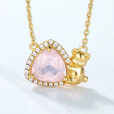 925 Sterlingsilber Bär Anhänger Halskette Für Damen Natürlicher Rosenquarz Strass Eingelegt 10K Gold Plated Kette Schmuck