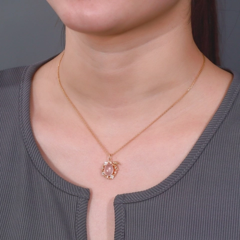 925 Sterlingsilber Halskette Natürlicher Rosenquarz Hase Anhänger Strass Eingelegt Vergoldet Blume Schlüsselbeinkette Für Damen