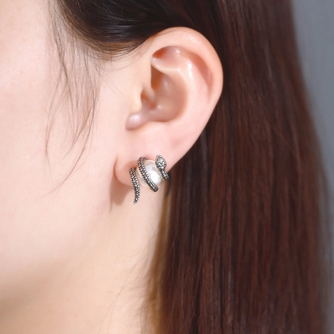 Pendientes de Botón de Serpiente Vintage Plata de Ley 925 Perla Artificial Strass Serpiente Envuelto para Mujer Joyería Gótica