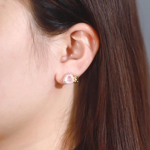 Orecchini a Bottone a Orso in Argento Sterling 925 da Donna Con Quarzo Rosa Naturale Pietra Triangolare Placcati Oro Gioielli Moda Regalo