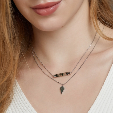 Collar de Plata de Ley 925 con Ágata Musgo Collares con Colgante de Cilindro Geométrico Minimalista para Mujer Joyería de Piedra Natural