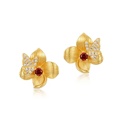 Orecchini a Bottone in Argento Sterling 925 Con Granato Fiore Farfalla Per Donna Placcati in Oro 10K Strass Eleganti Gioielli