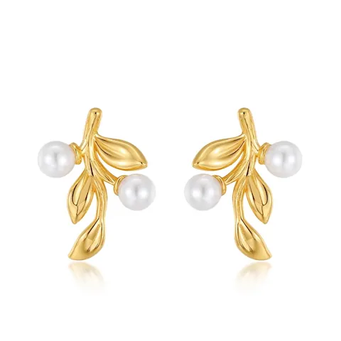 Nature Inspired Leaf Stud Earrings 925 Sterling Silver With Artificial Pearl Elegant Minimalist Fashion Jewelry For Women