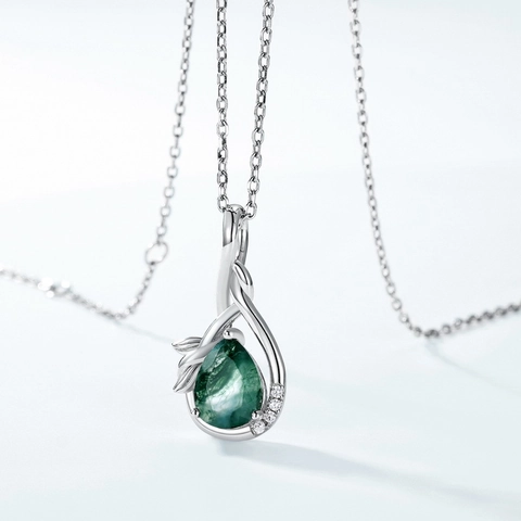 925 Sterling Silver Water Drop Moss Agate Pendant Necklace Natural Green Stone Vine Leaf Design Rhinestone Jewelry For Women