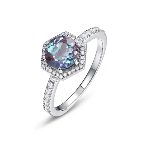 S925 Sterling Silver Geometric Alexandrite Ring For Women Hexagon Halo Color Changing Stone Rhinestone Finger Jewelry Gift
