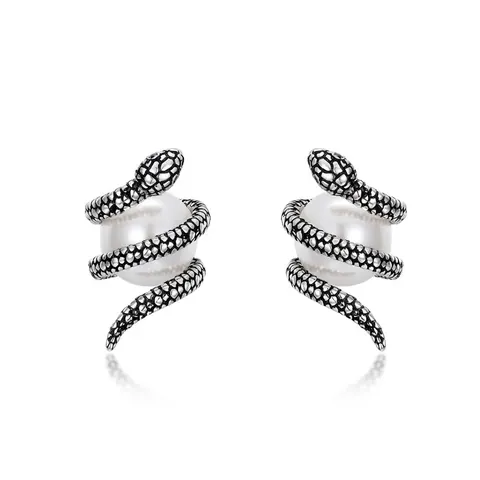 Pendientes de Botón de Serpiente Vintage Plata de Ley 925 Perla Artificial Strass Serpiente Envuelto para Mujer Joyería Gótica