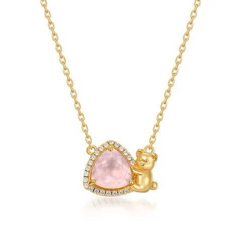 925 Sterlingsilber Bär Anhänger Halskette Für Damen Natürlicher Rosenquarz Strass Eingelegt 10K Gold Plated Kette Schmuck