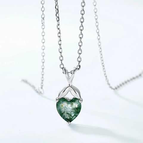 925 Sterling Silver Heart Moss Agate Pendant Necklace Natural Green Stone Fashion Jewelry For Women Anniversary Gift