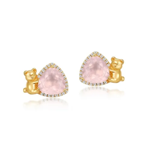 Orecchini a Bottone a Orso in Argento Sterling 925 da Donna Con Quarzo Rosa Naturale Pietra Triangolare Placcati Oro Gioielli Moda Regalo