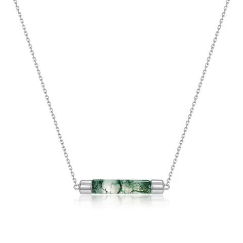 Collar de Plata de Ley 925 con Ágata Musgo Collares con Colgante de Cilindro Geométrico Minimalista para Mujer Joyería de Piedra Natural