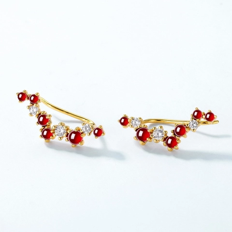 Elegant 925 Sterling Silver Natural Garnet Stud Earrings 10K Gold Plated Curved Ear Climbers Fashion Women Jewelry Gift