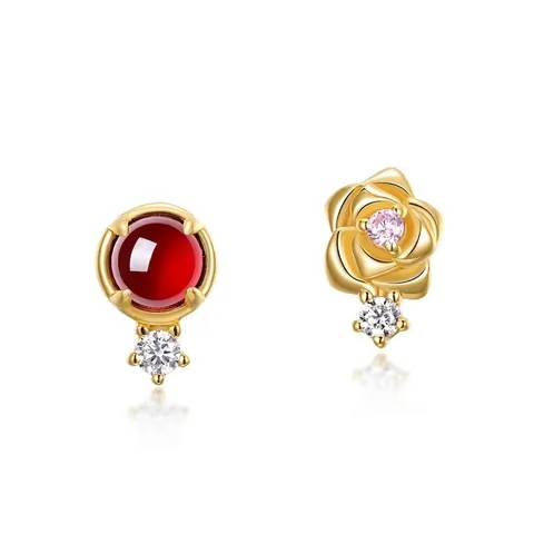 S925 Sterling Silver Asymmetrical Rose Stud Earrings Gold Plated Garnet Zirconia Botanical Jewelry For Women Daily Gift